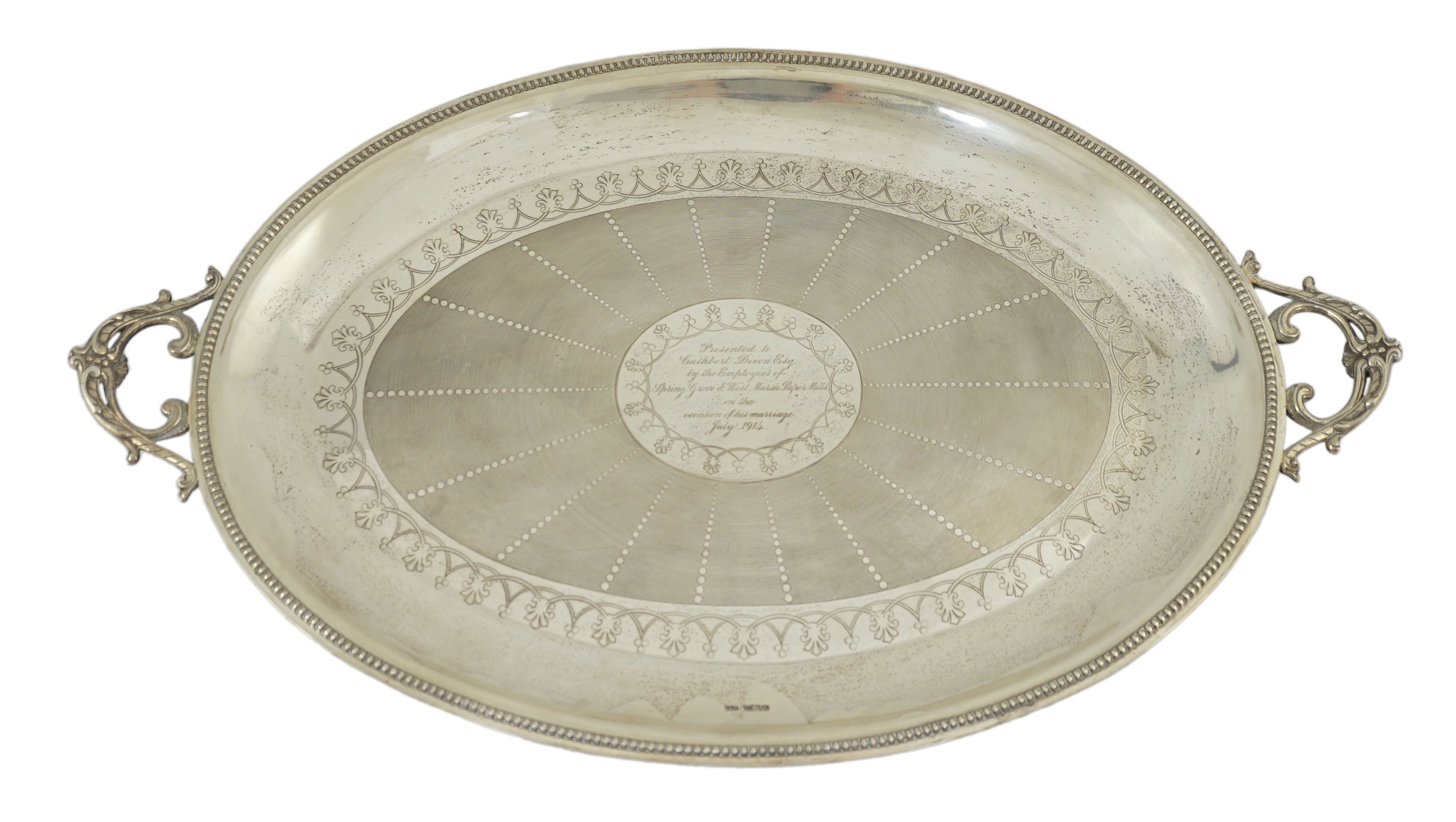 An Edwardian silver two handled oval tea tray, by Mappin & Webb